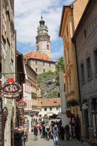 Street view of castle tower